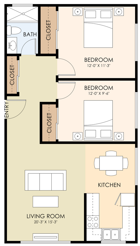 Floor plan for 2 beds, 1 bath, 1000 sqft